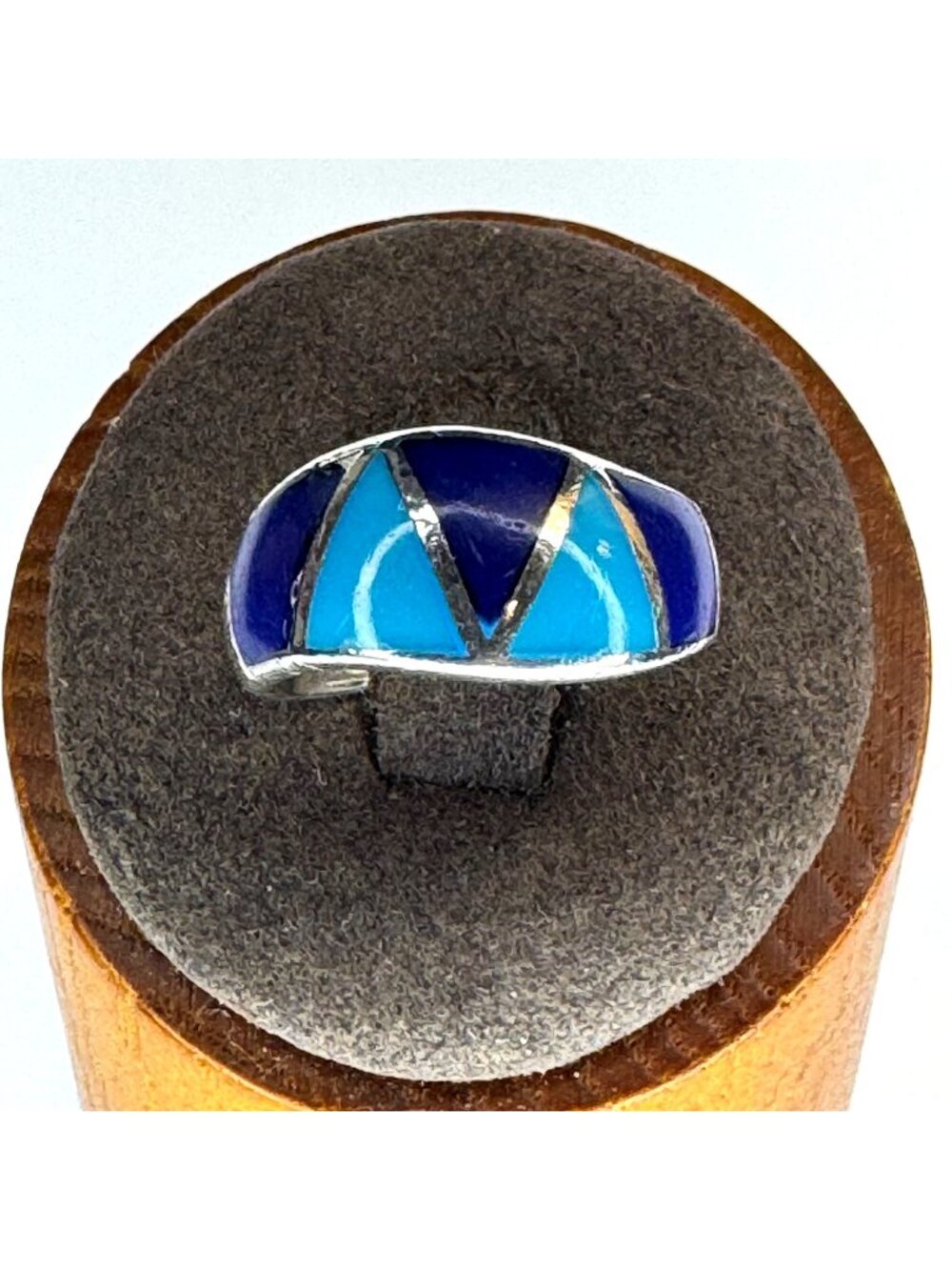 Solid Sterling Silver 925 Lapis & Turquoise Inlay Tapered Band Ring Size 6.5